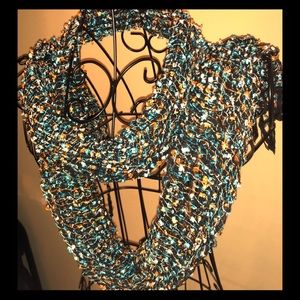 Hand-knit scarf-black, sky blue, peach, & white